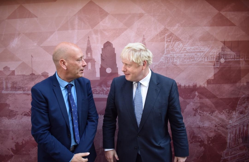 Conservative Parliamentary Candidate for Dewsbury, Mark Eastwood, talking to Prime Minister Boris Johnson